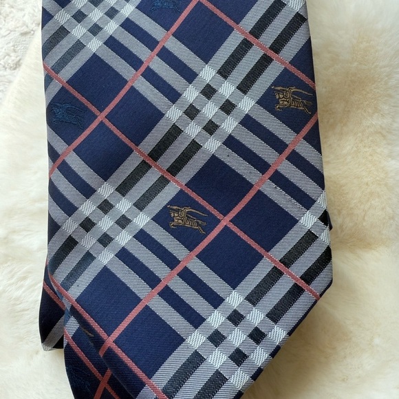 Burberry Navy and Gray Checkered Tie with Equestrian Knights in gold and blue - Picture 2 of 8